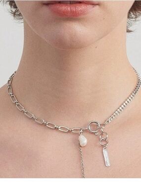 Sterling Silver Mixed Chain Necklace with Pearl Drop
